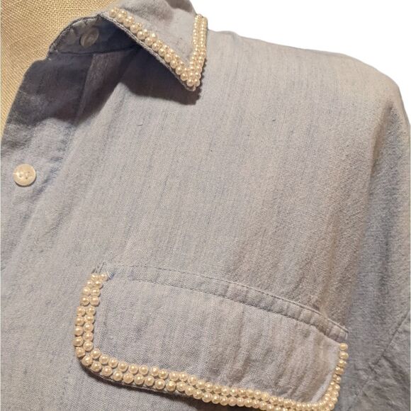 Vibest vintage blue chambray top with pearl details size 20 - Picture 5 of 8